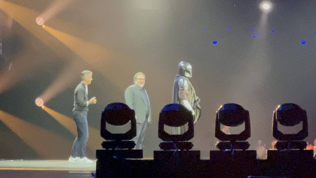 D23 Expo 2022, Disney Parks president, Josh D'Amaro and Jon Favreau welcome Din Djarin and Grogu before they start visiting Galaxy's Edge, Star Wars land at Disney Parks.